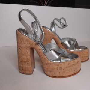 SCHUTZ Pattie Metallic Leather Platform Chunky Heeled Sandal Silver Size 11 New